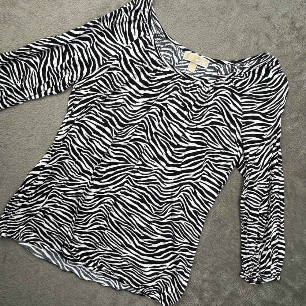Michael Kors Blouse Women Large Black White Excellent Zebra Print 3/4 Sleeve Top